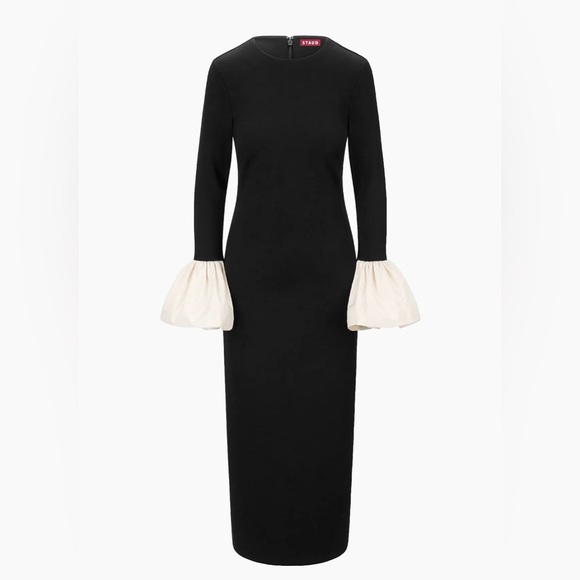 STAUD Hawthorne Black Cream Bell Sleeve Maxi formal holiday Dress NWOT large - Picture 13 of 13